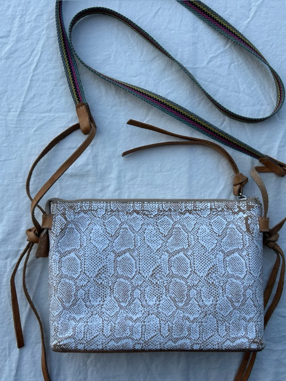 Consuela White and Light Brown Snake-Print Crossbody with Multicolor Strap (146) - Picture 2 of 11